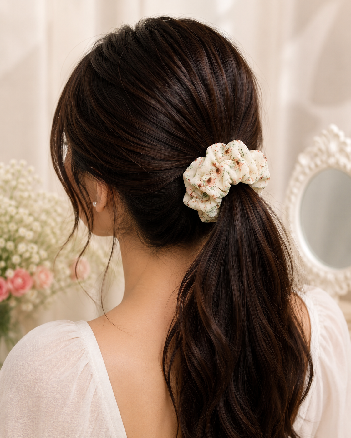 Cream Floral Scrunchie