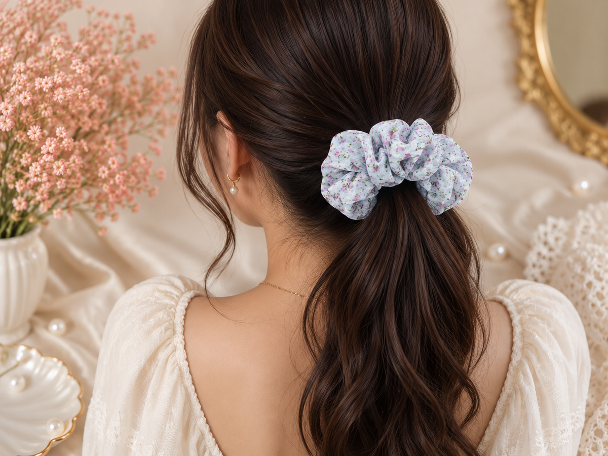 Light Blue Floral Print Big Scrunchie Hair Tie