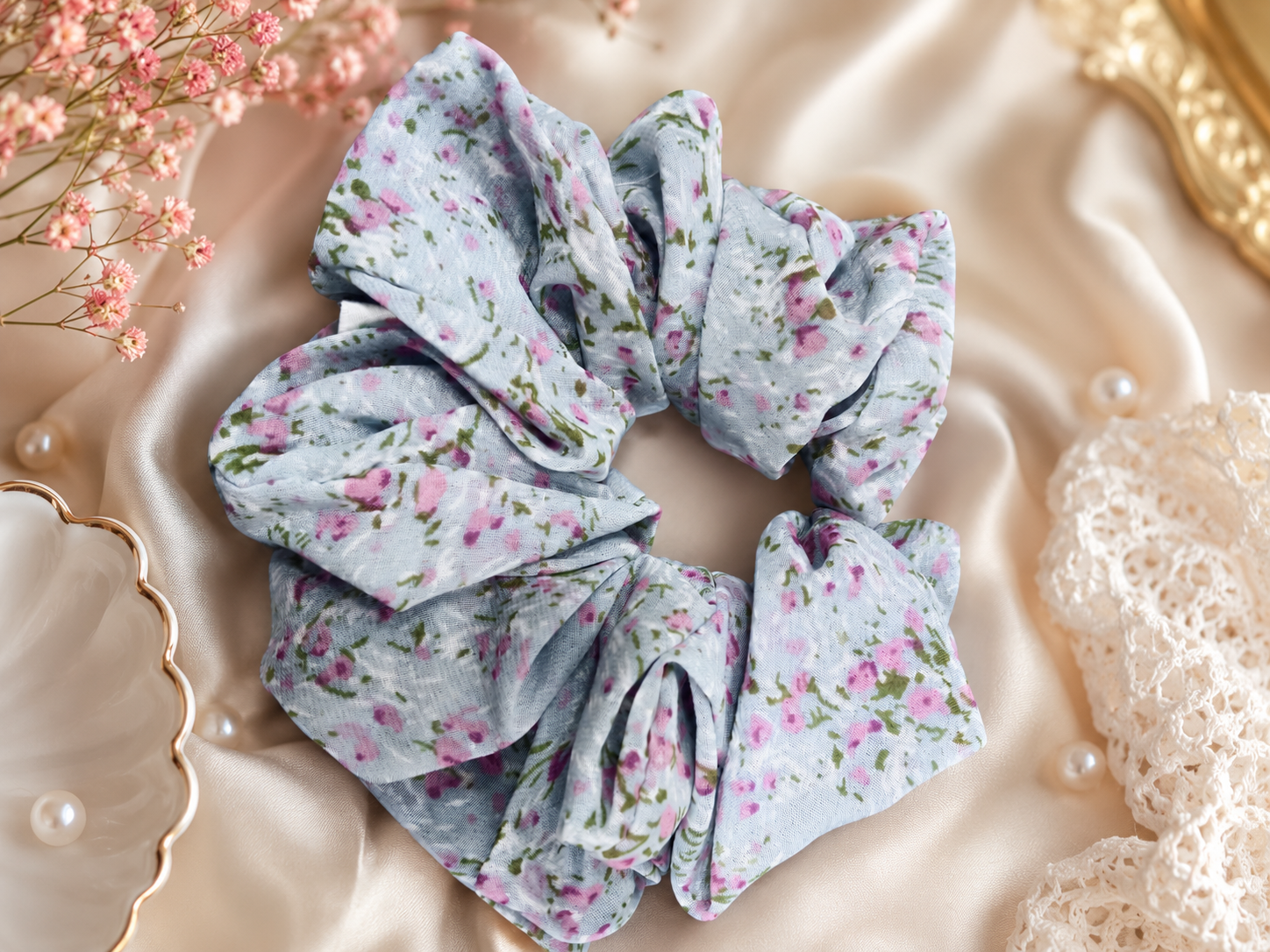 Light Blue Floral Print Big Scrunchie Hair Tie