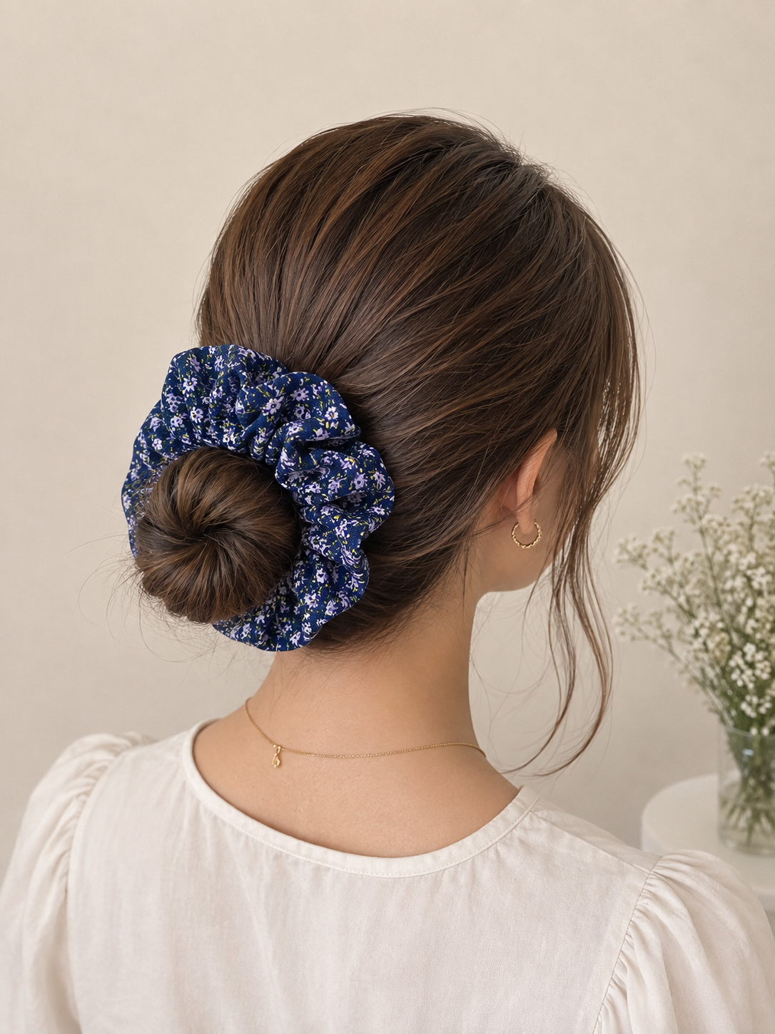 Navy Blue Floral Print Big Scrunchie Hair Tie