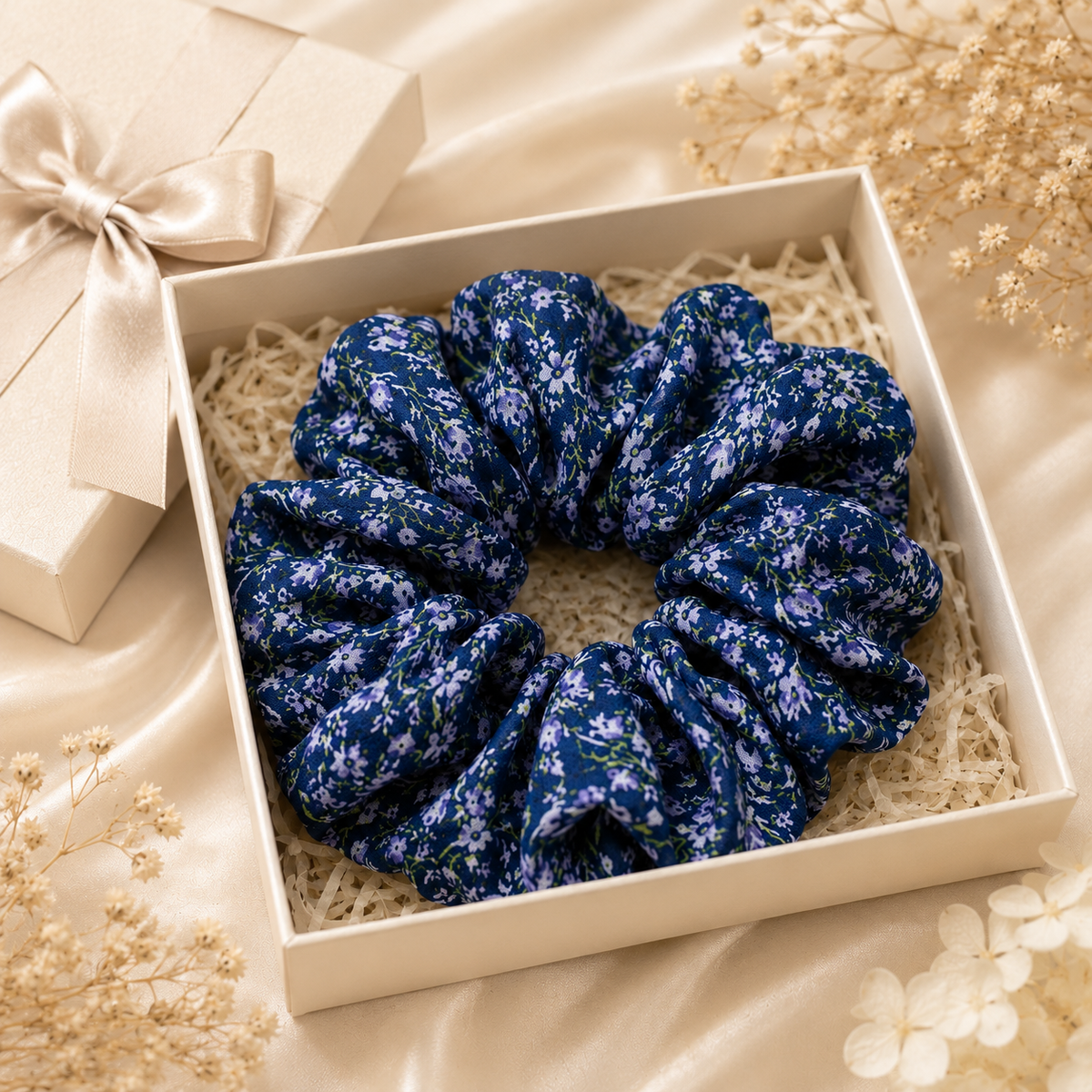 Navy Blue Floral Print Big Scrunchie Hair Tie