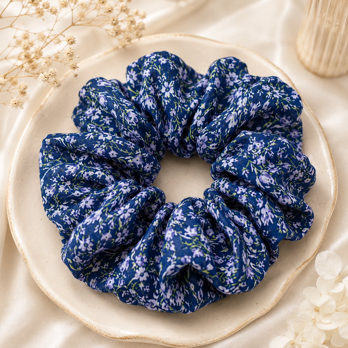 Navy Blue Floral Print Big Scrunchie Hair Tie