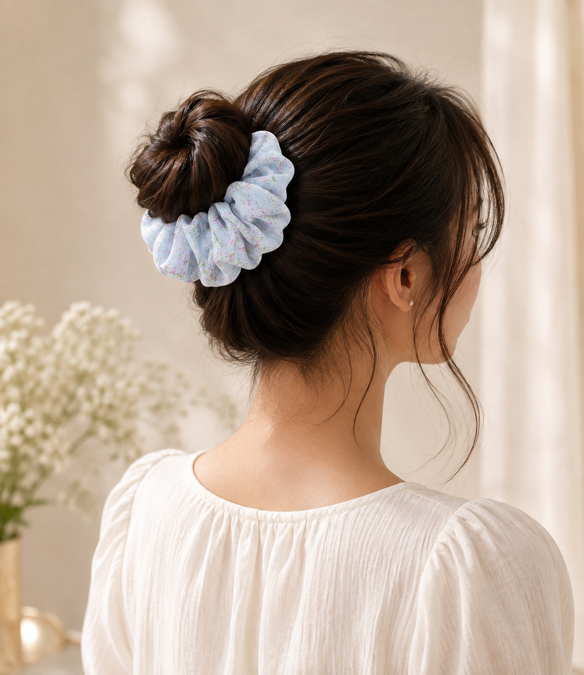 Light Blue Floral Print Big Scrunchie Hair Tie
