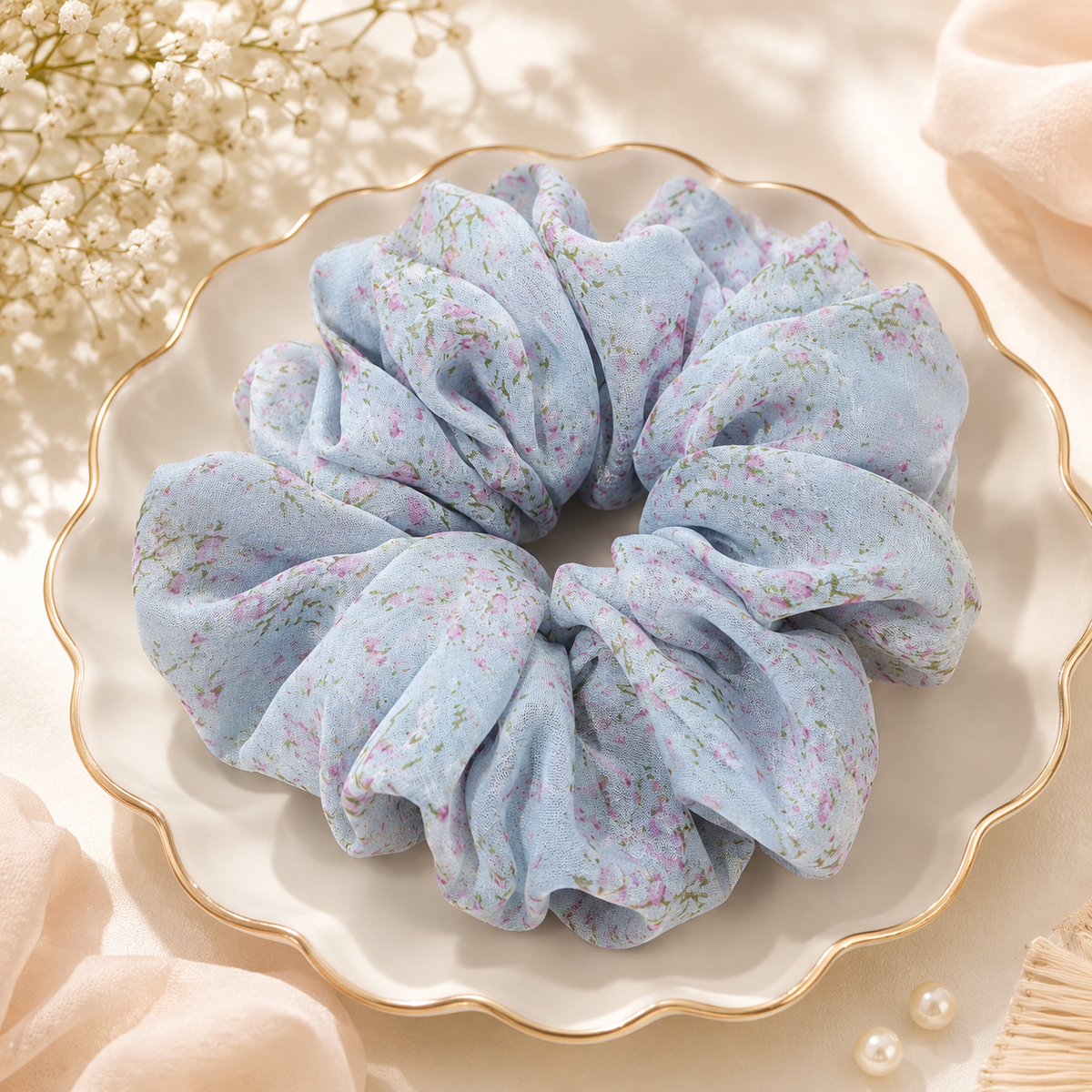 Light Blue Floral Print Big Scrunchie Hair Tie