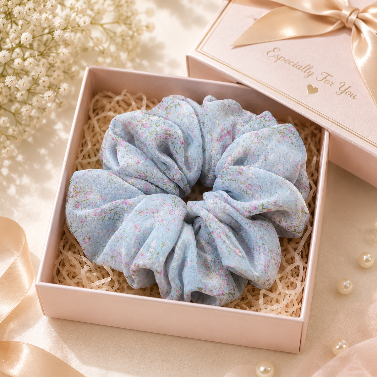 Light Blue Floral Print Big Scrunchie Hair Tie