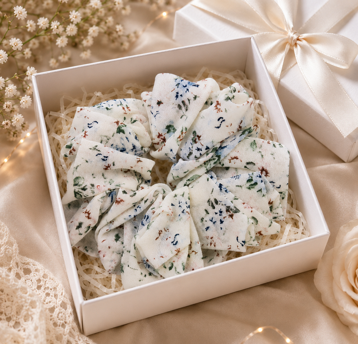 White Floral Print Big Scrunchie Hair Tie