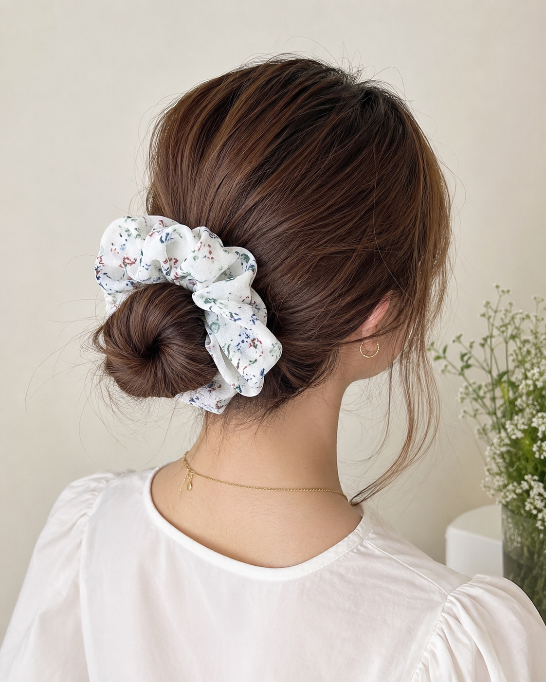 White Floral Print Big Scrunchie Hair Tie