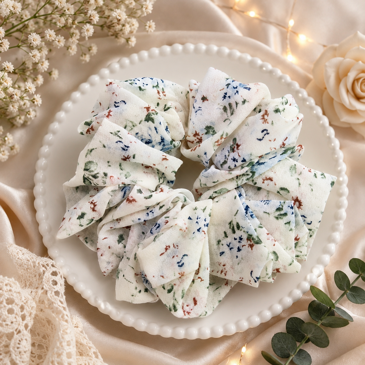 White Floral Print Big Scrunchie Hair Tie