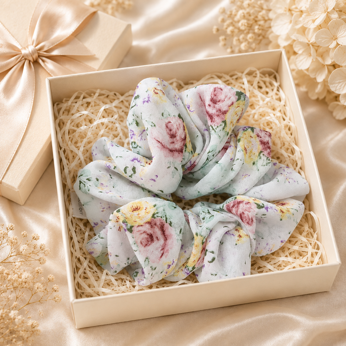 White Floral Print Big Scrunchie Hair Tie