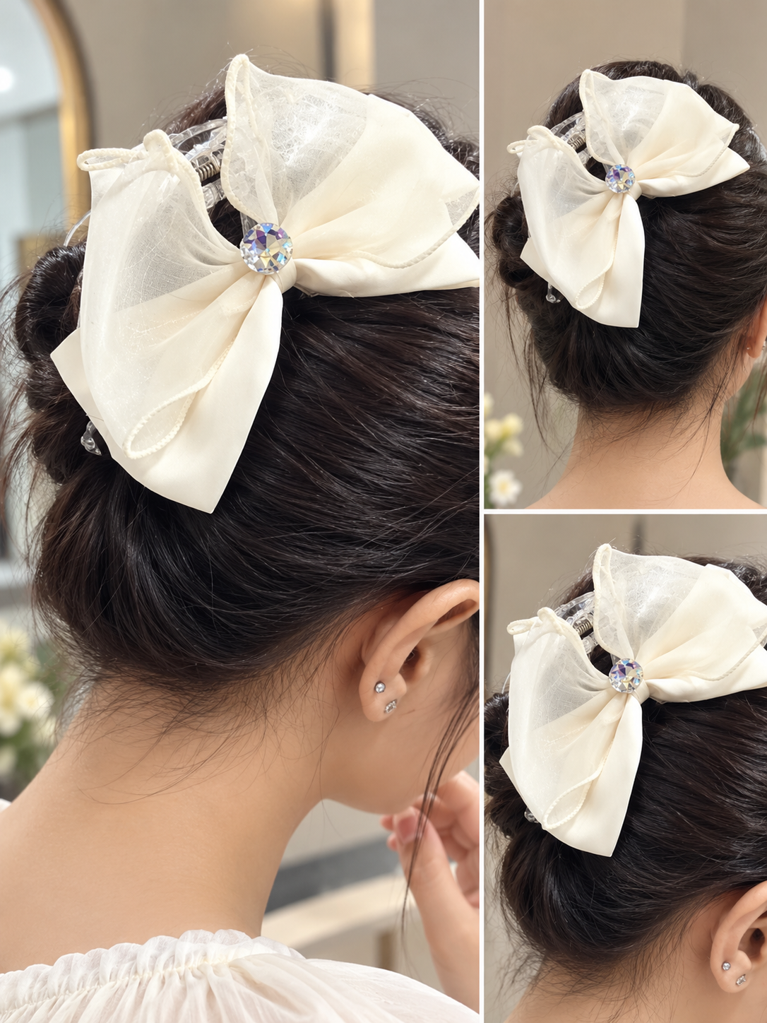Ivory Crystal Bow Hair Clutcher