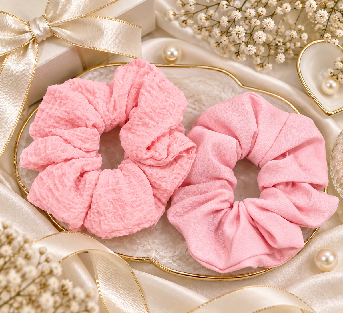 Pink Textured & Light Pink Small Scrunchie Set of 2