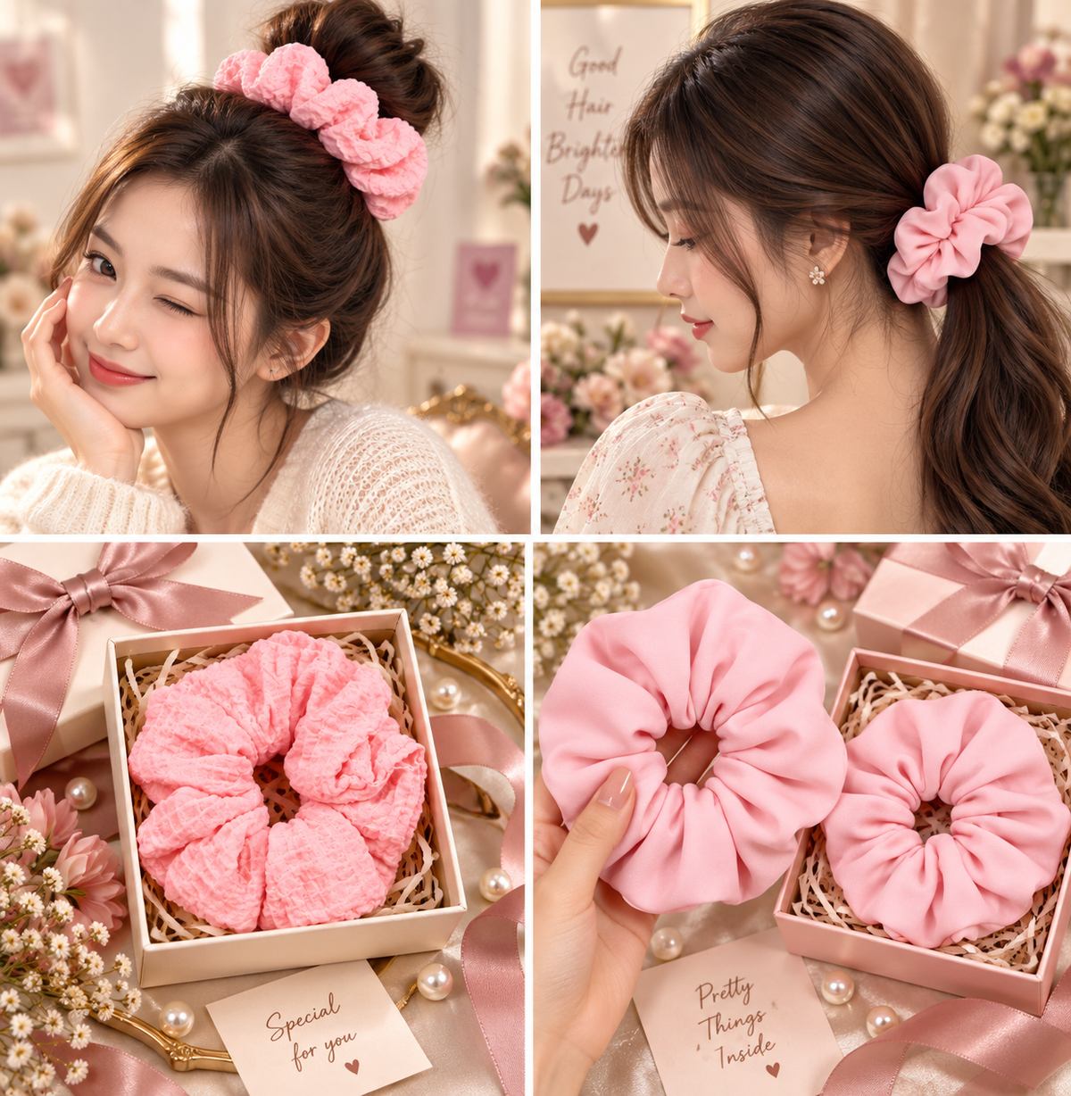 Pink Textured & Light Pink Small Scrunchie Set of 2