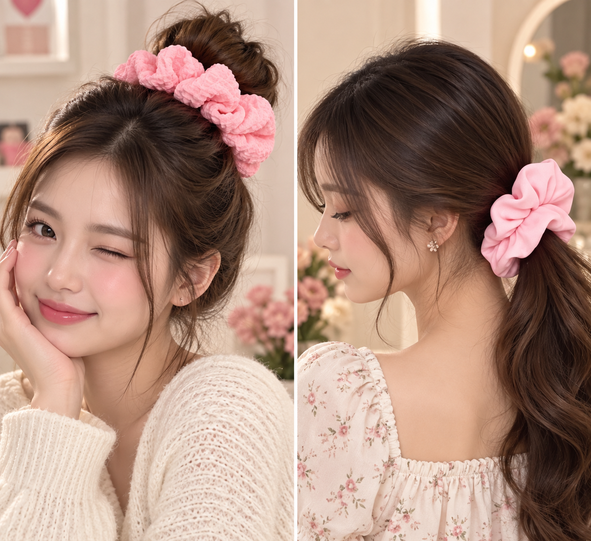 Pink Textured & Light Pink Small Scrunchie Set of 2
