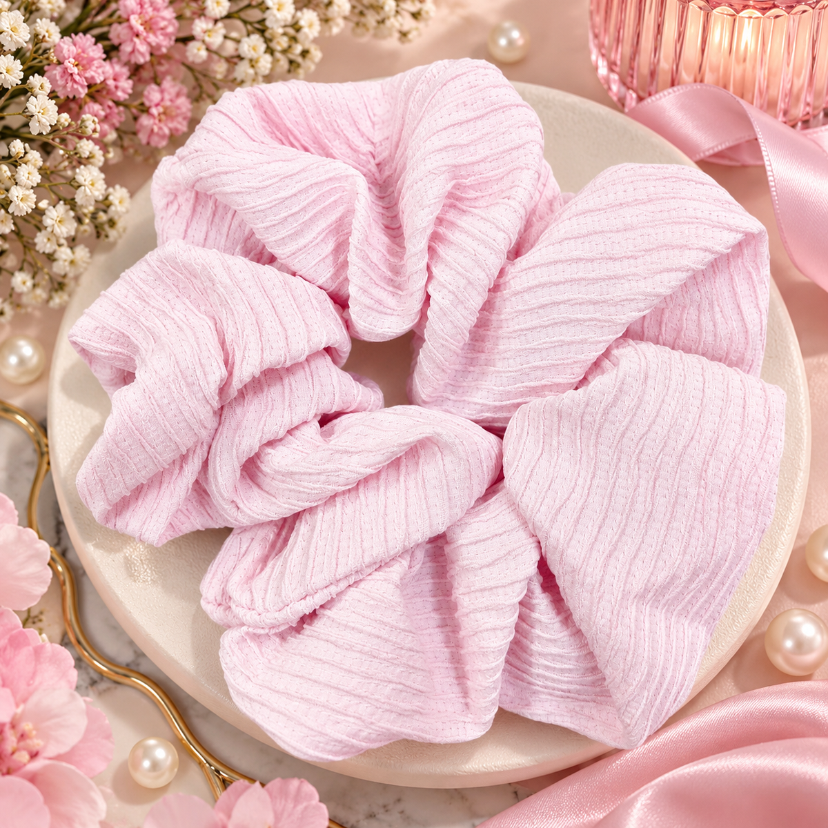 Baby Pink Ribbed Small Scrunchie