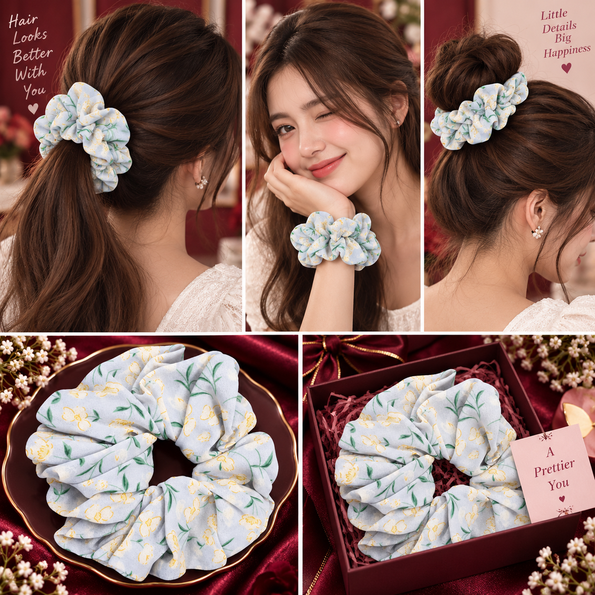 Light Blue Yellow Floral Print Big Scrunchie