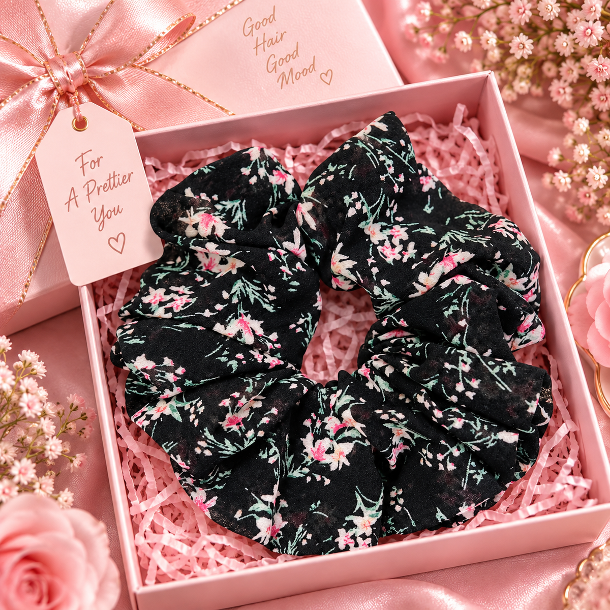 Black Floral Print Big Scrunchie