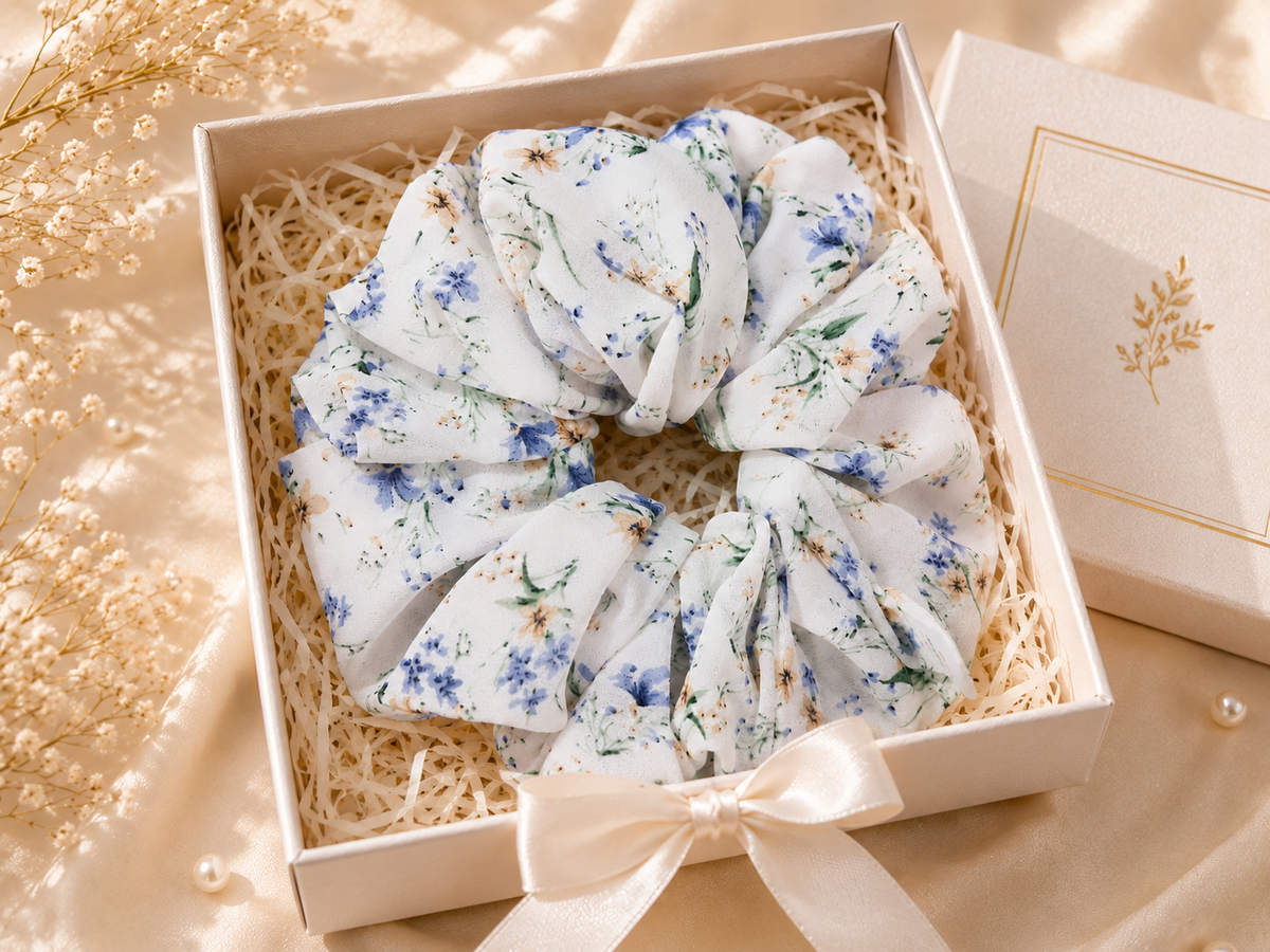 White Blue Floral Print Big Scrunchie Hair Tie
