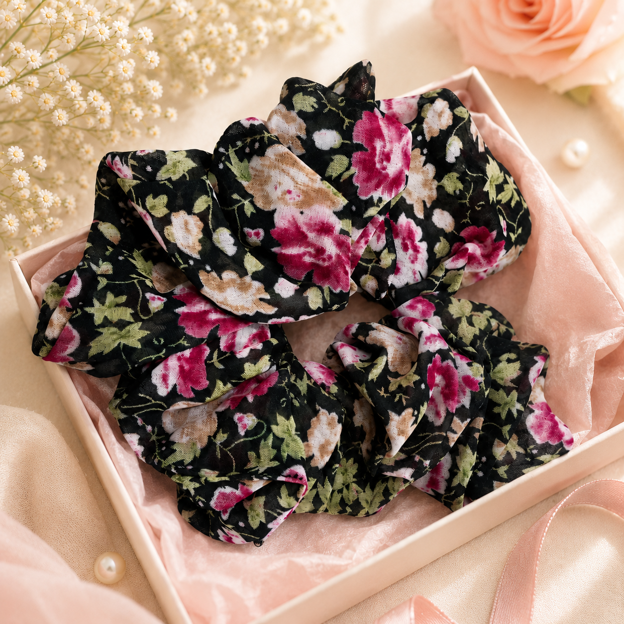 Black Floral Print Big Scrunchie Hair Tie