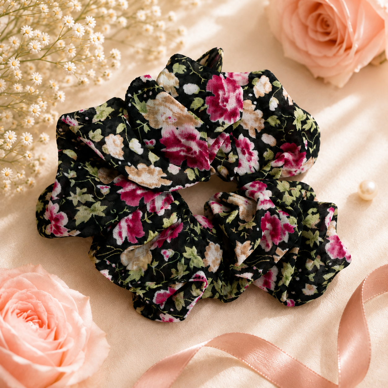 Black Floral Print Big Scrunchie Hair Tie