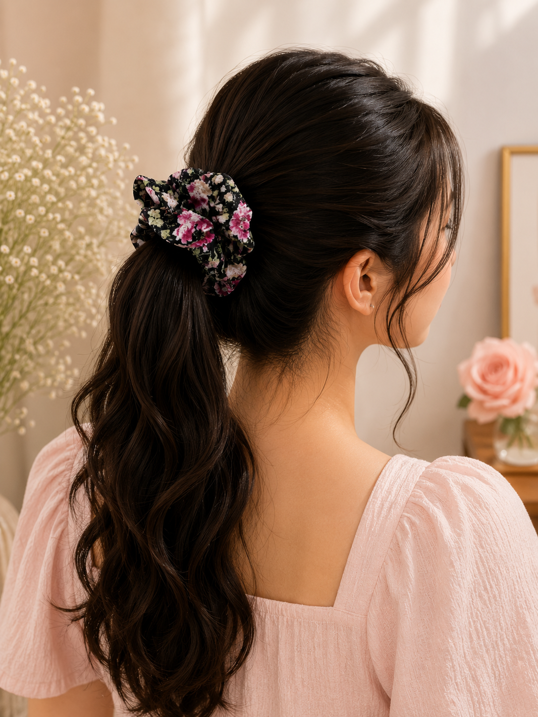 Black Floral Print Big Scrunchie Hair Tie
