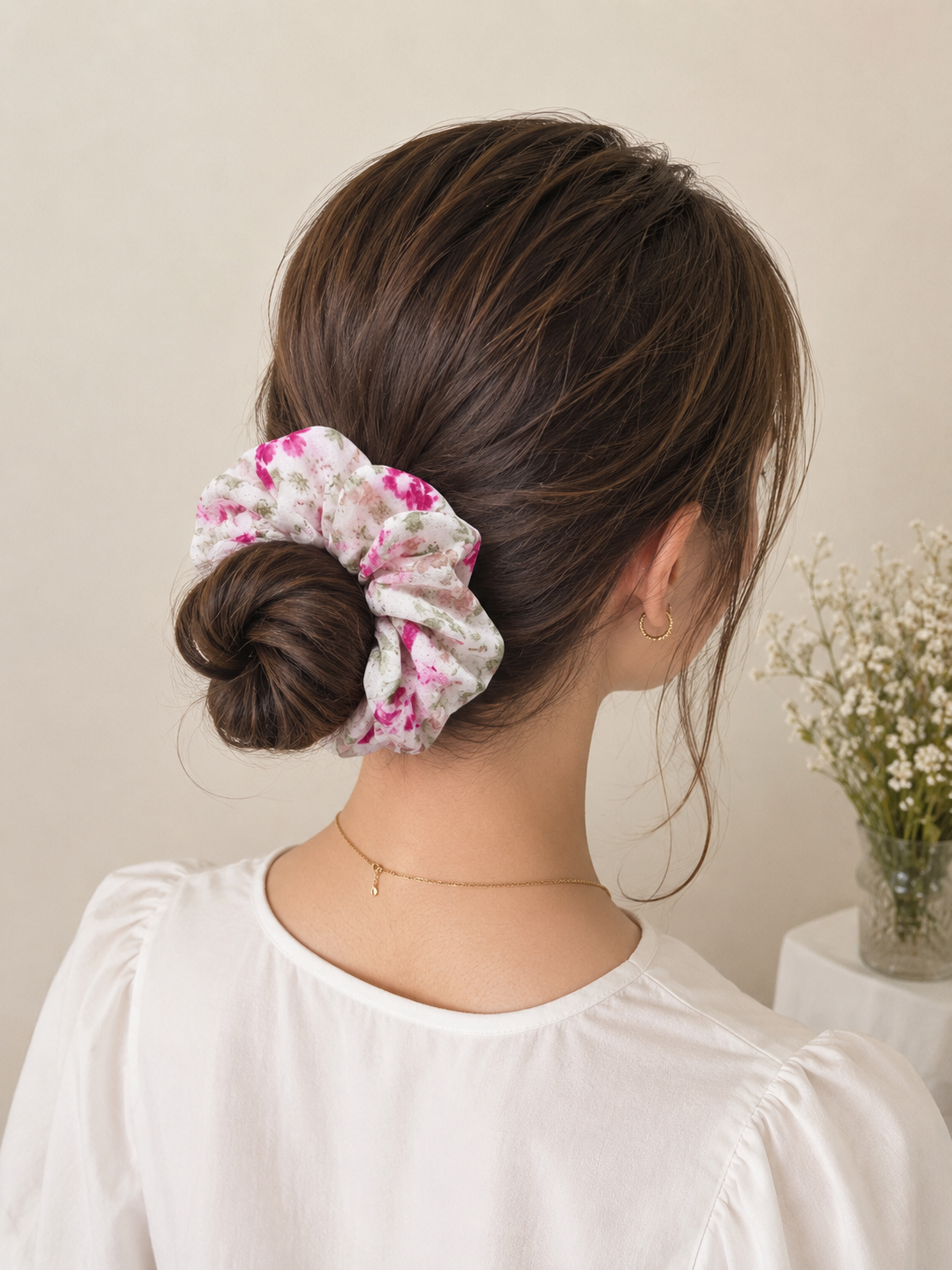 White Pink Floral Print Big Scrunchie Hair Tie
