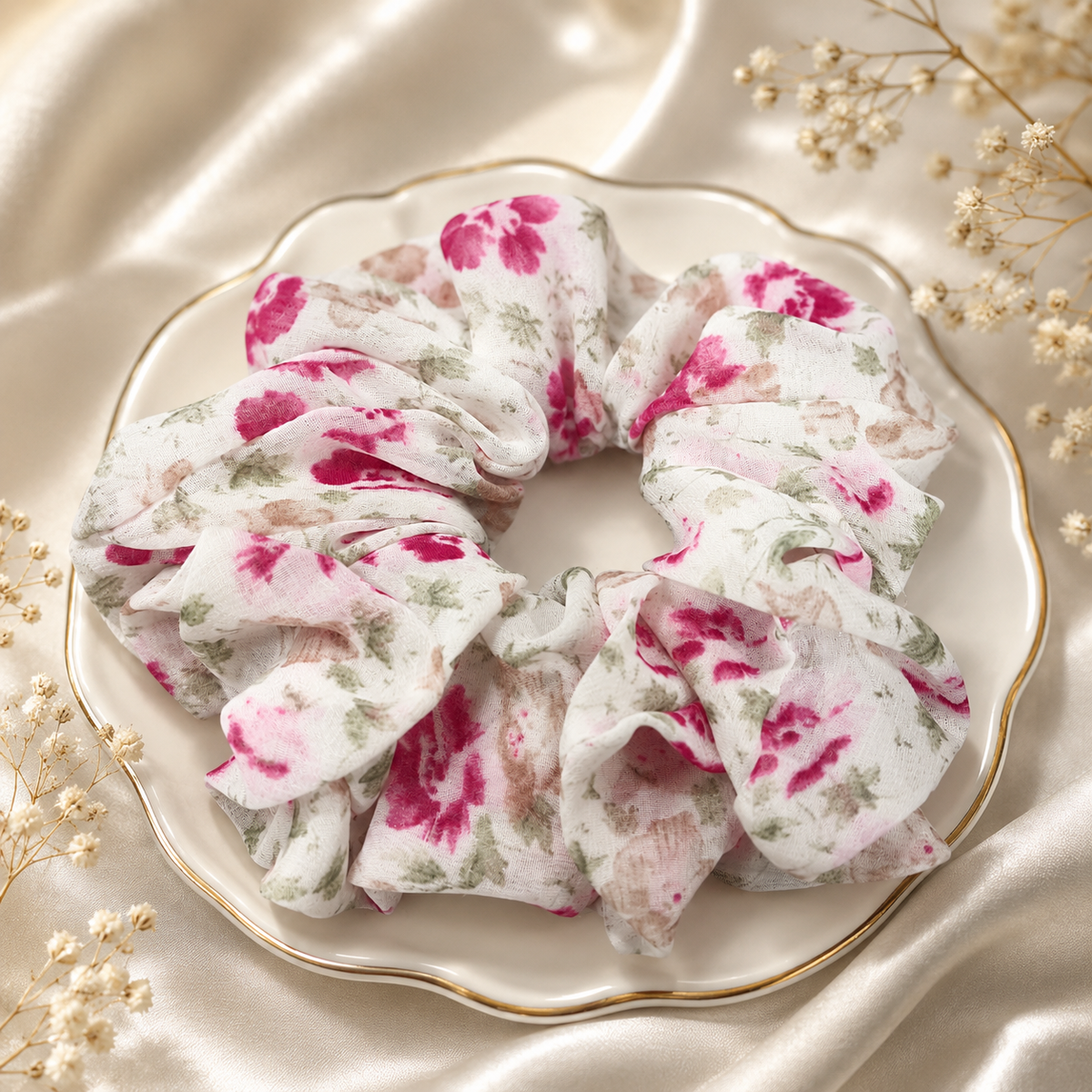 White Pink Floral Print Big Scrunchie Hair Tie