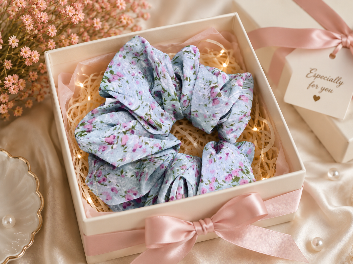 Light Blue Pink Floral Print Big Scrunchie Hair Tie