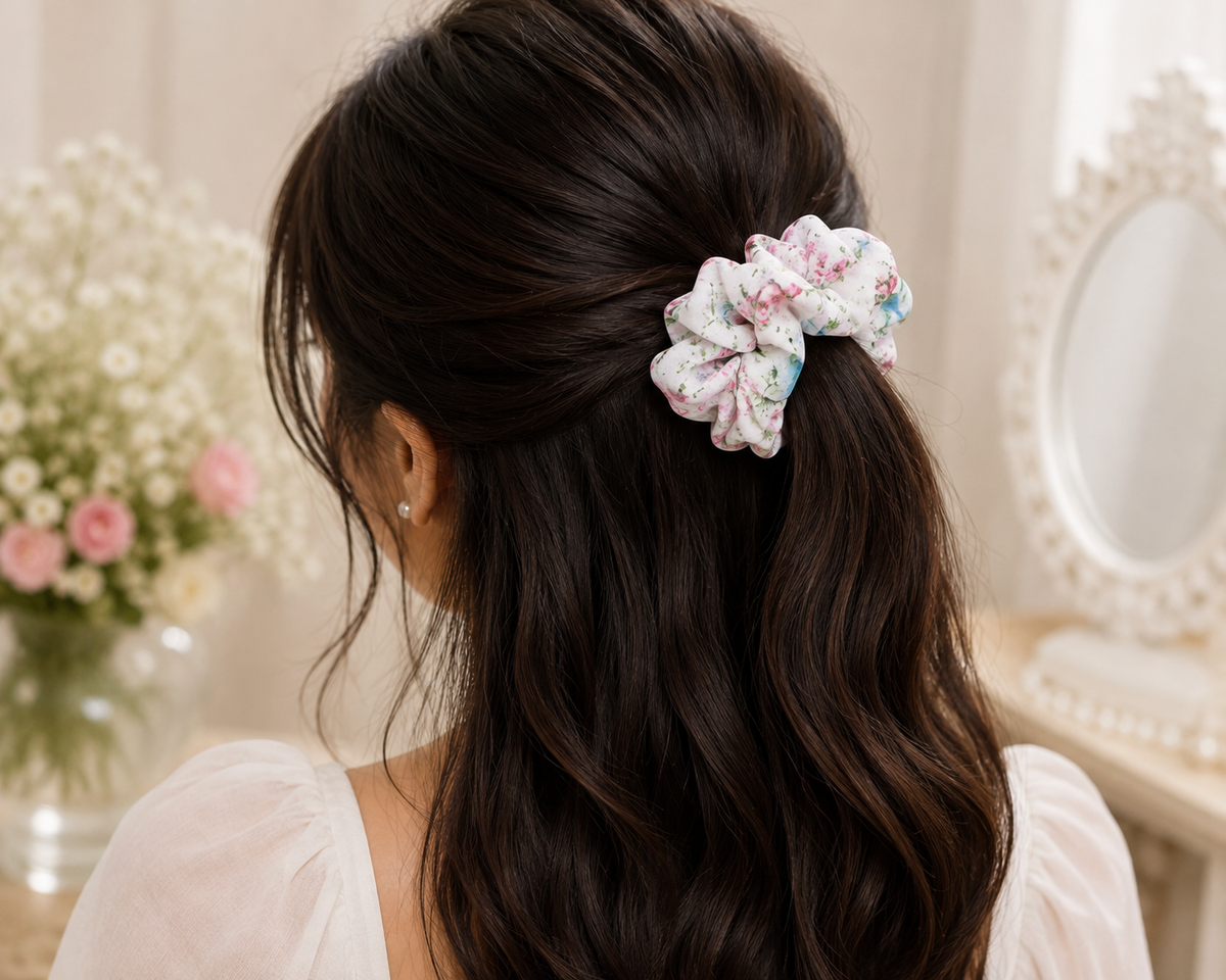 White Floral Print Big Scrunchie Hair Tie
