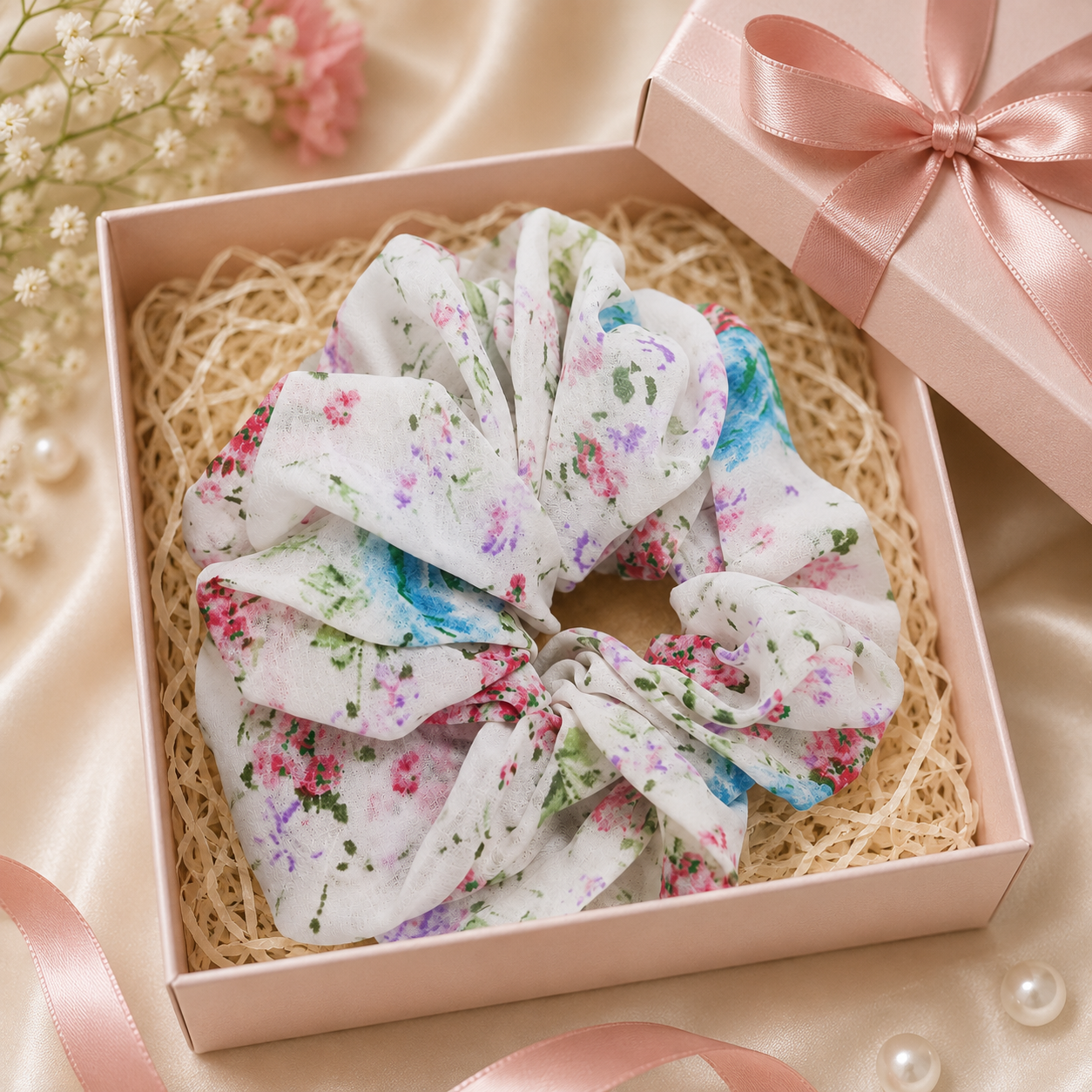 White Floral Print Big Scrunchie Hair Tie