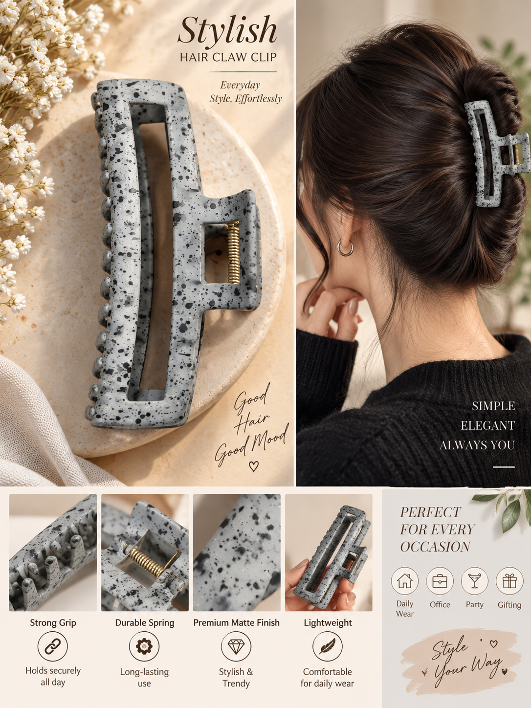 Grey Speckled Hair Claw Clip