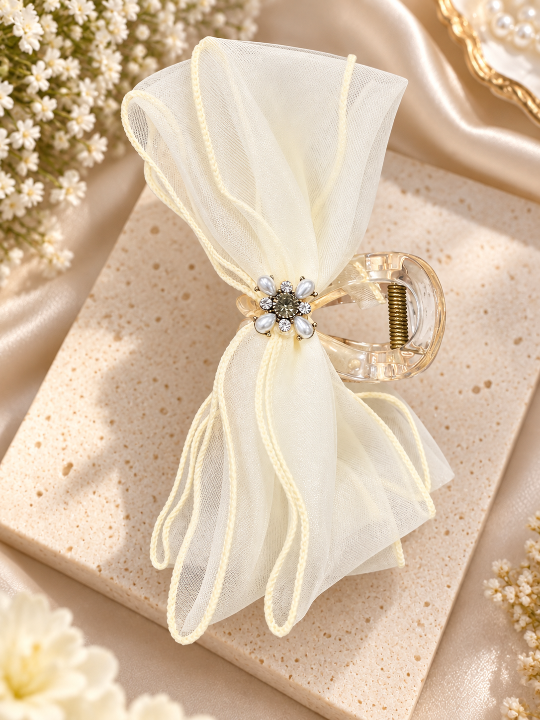 Ivory Pearl Flower Bow Hair Clutcher