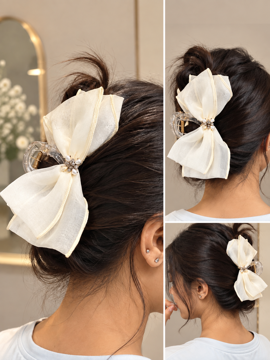 Ivory Pearl Flower Bow Hair Clutcher