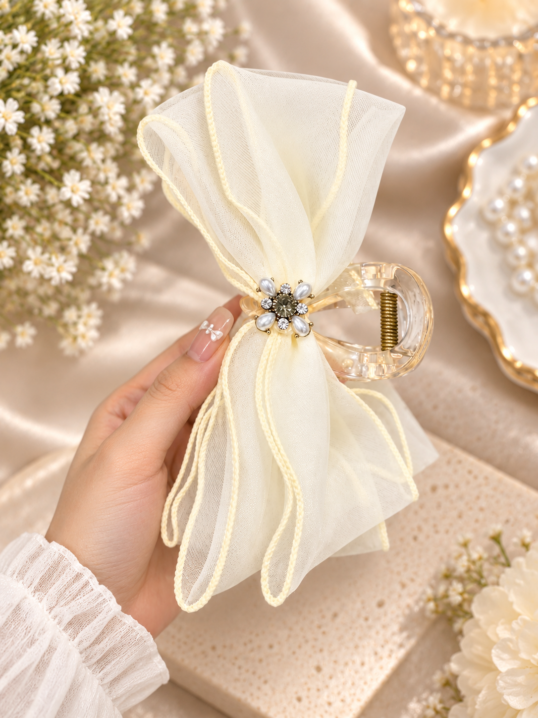 Ivory Pearl Flower Bow Hair Clutcher