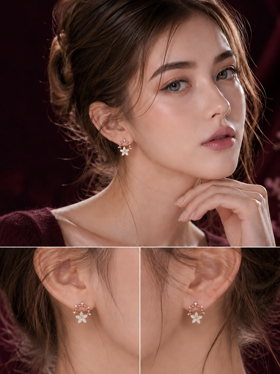 Rose Gold White Flower Crystal Drop Earrings for Women