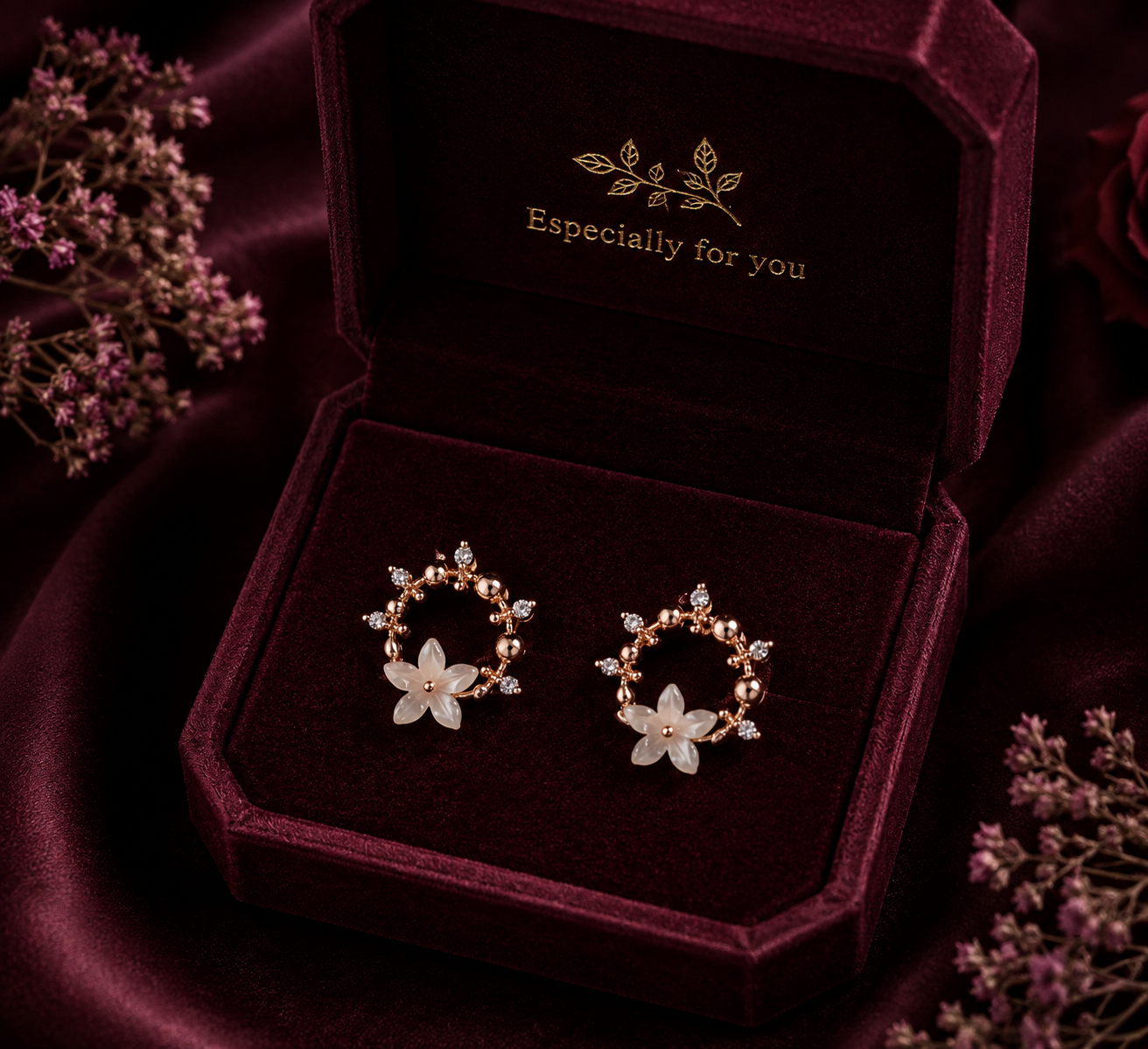Rose Gold White Flower Crystal Drop Earrings for Women
