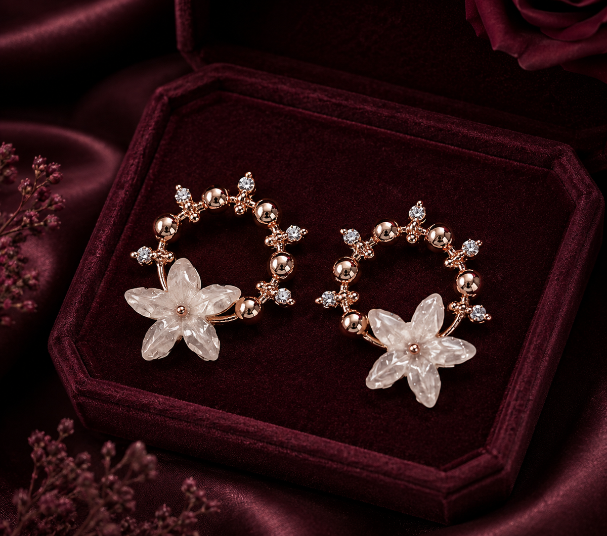 Rose Gold White Flower Crystal Drop Earrings for Women