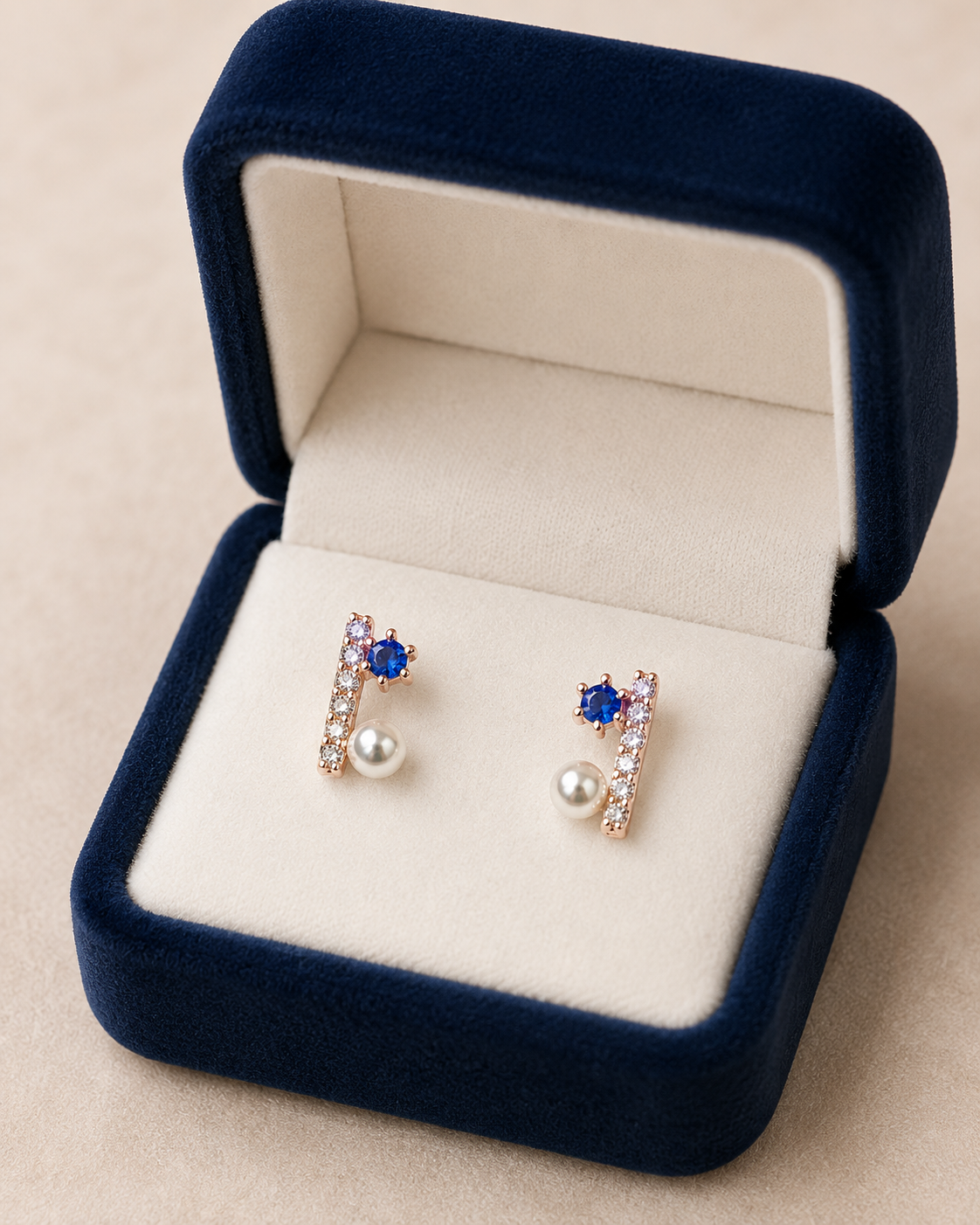 Rose Gold Blue Crystal & Pearl Stud Earrings for Women