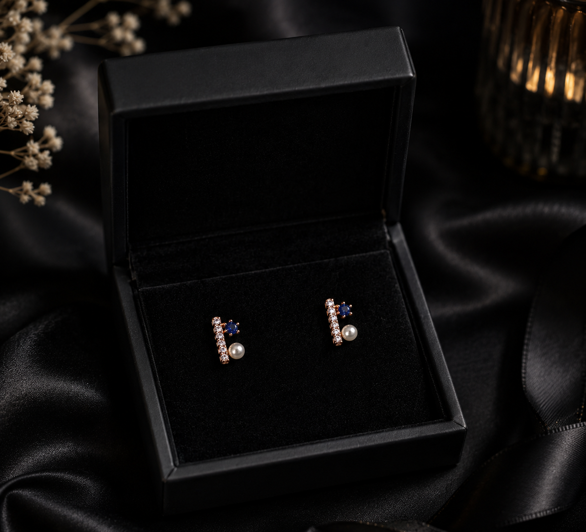 Rose Gold Blue Crystal & Pearl Stud Earrings for Women