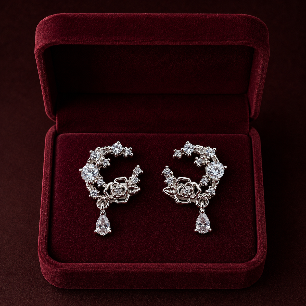 Silver Crystal Floral Rose Drop Earrings for Women