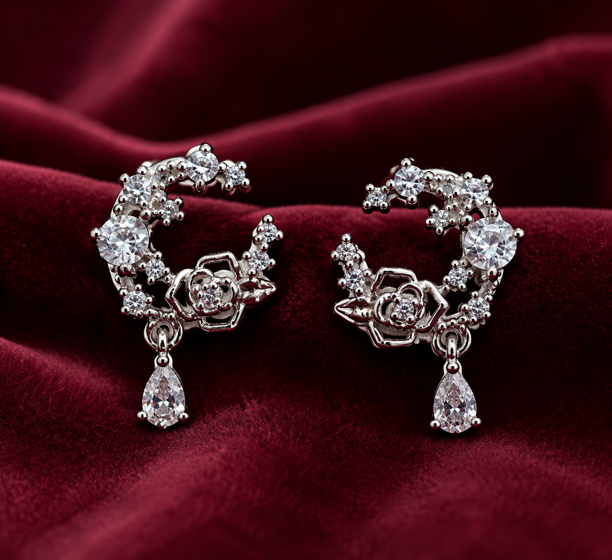 Silver Crystal Floral Rose Drop Earrings for Women