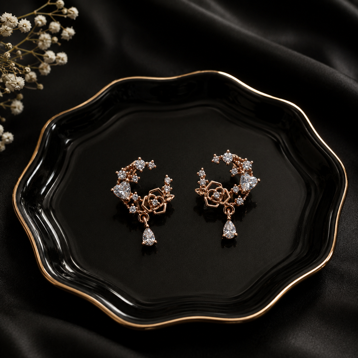 Rose Gold Crystal Floral Drop Earrings for Women