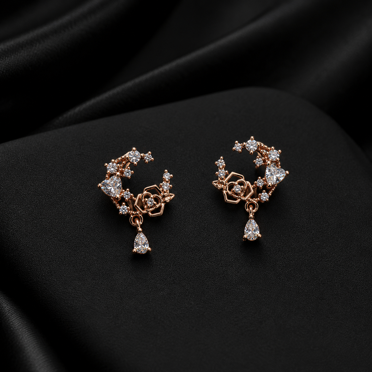 Rose Gold Crystal Floral Drop Earrings for Women