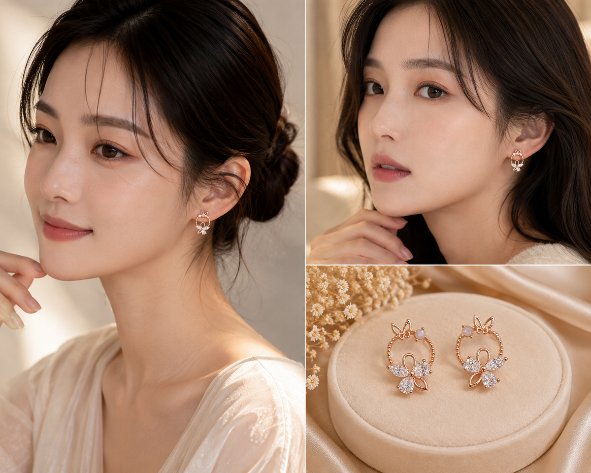 Rose Gold Butterfly Floral Crystal Earrings for Women