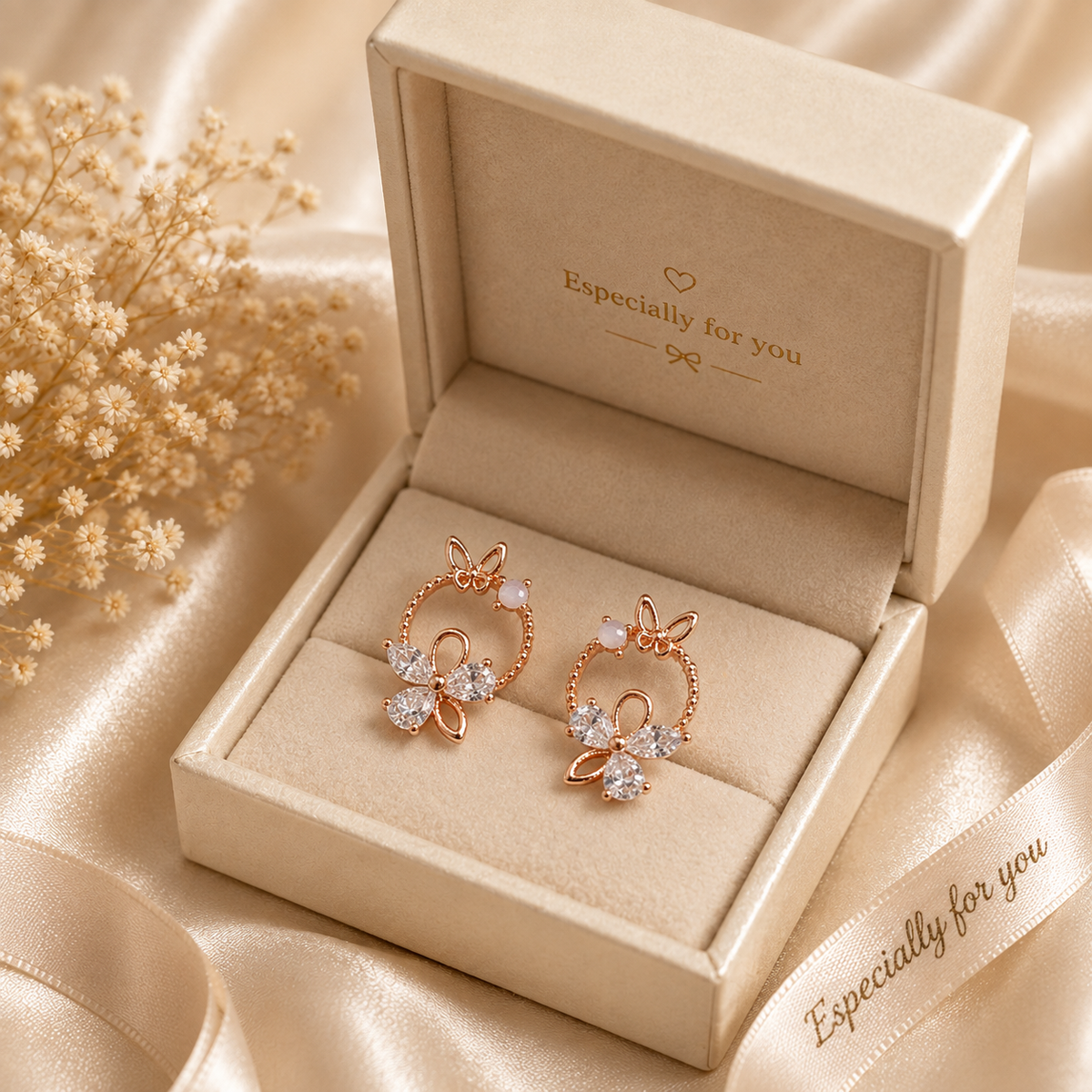 Rose Gold Butterfly Floral Crystal Earrings for Women