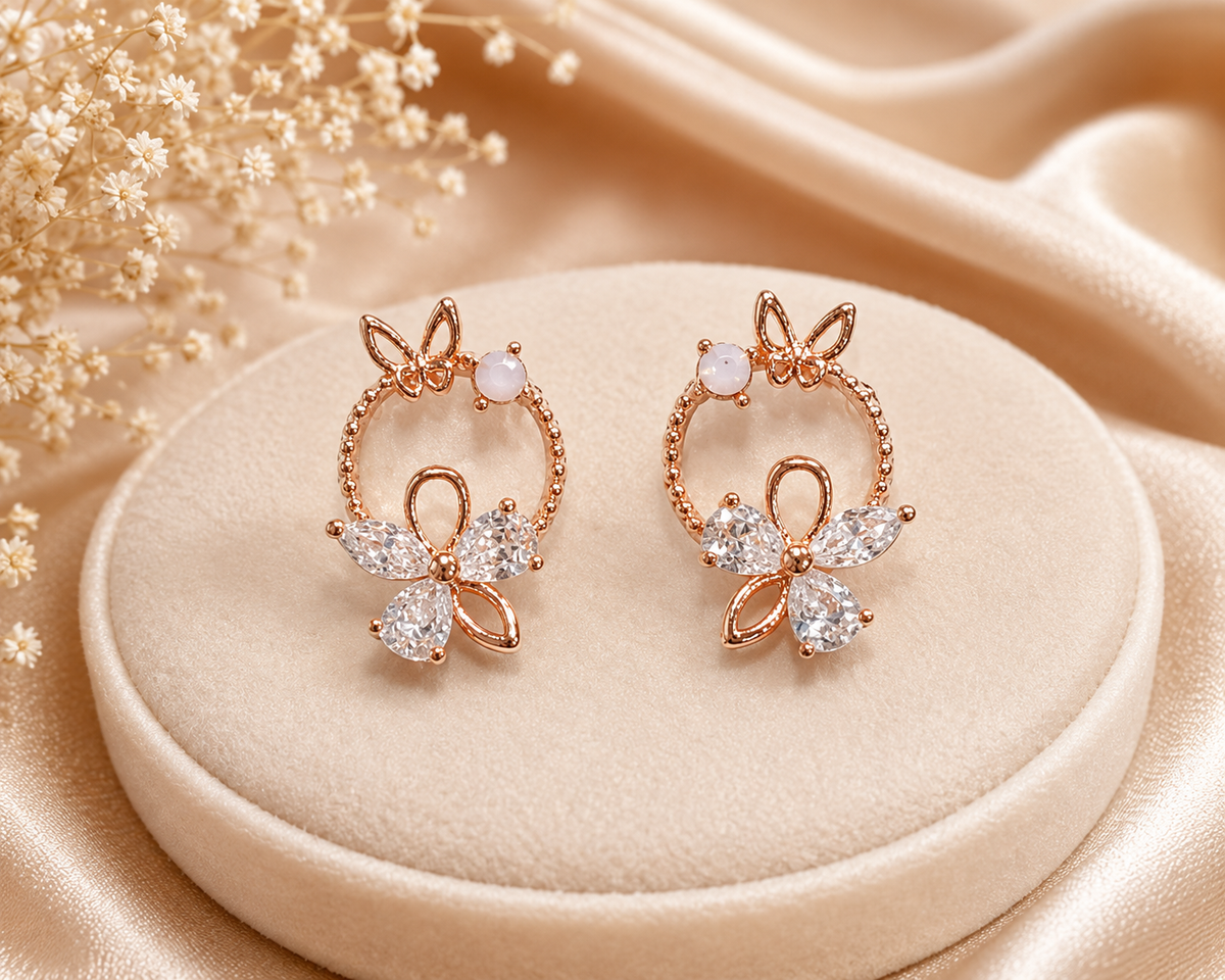 Rose Gold Butterfly Floral Crystal Earrings for Women