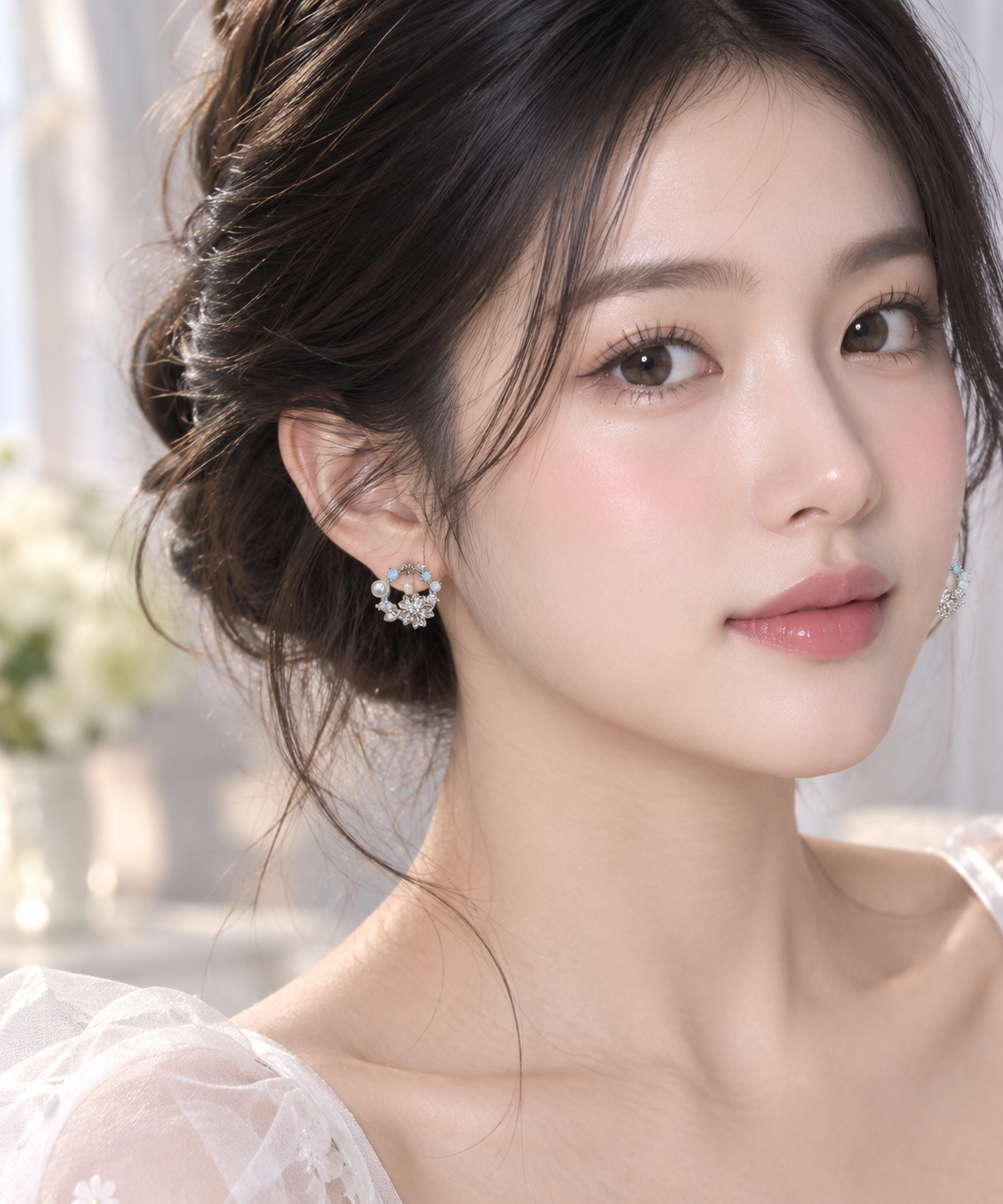 Silver Floral Blue Bead & Pearl Crystal Hoop Earrings for Women
