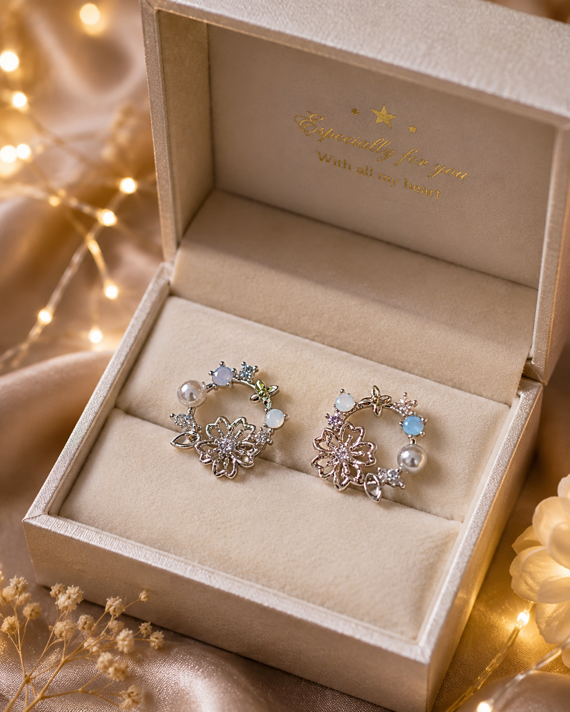Silver Floral Blue Bead & Pearl Crystal Hoop Earrings for Women