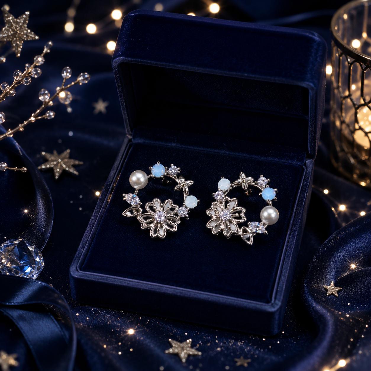 Silver Floral Blue Bead & Pearl Crystal Hoop Earrings for Women