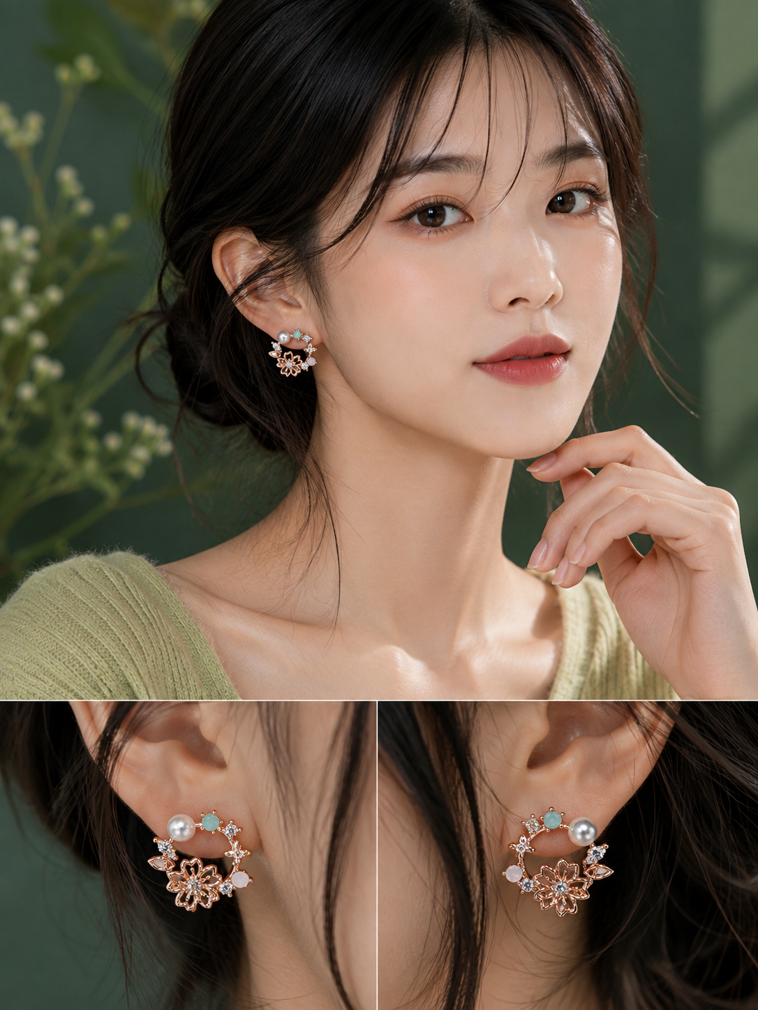 Rose Gold Floral Pearl & Crystal Hoop Earrings for Women