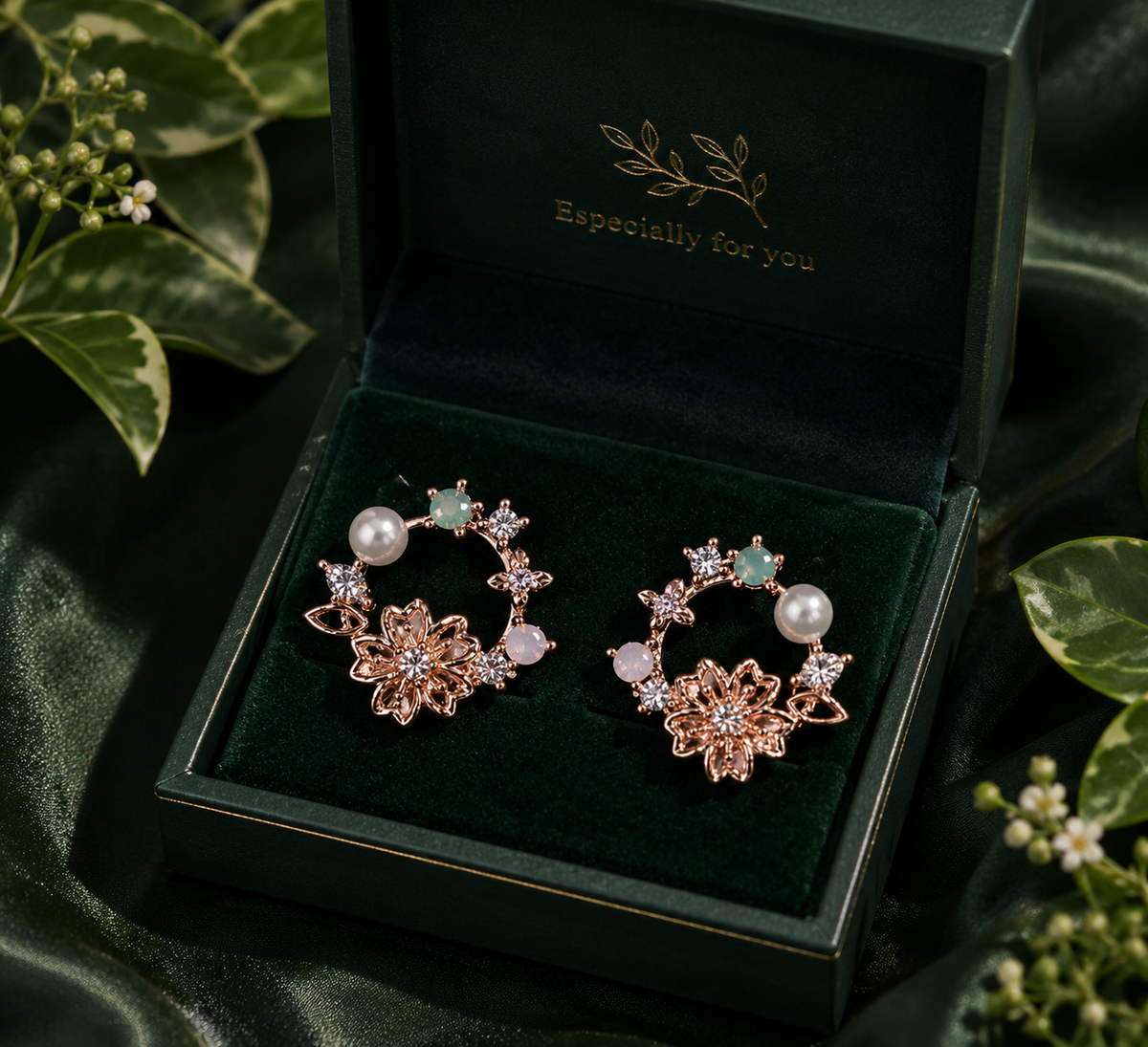 Rose Gold Floral Pearl & Crystal Hoop Earrings for Women